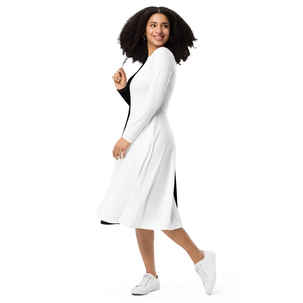 Half Black Half White - Womens Long Sleeve Midi Dress