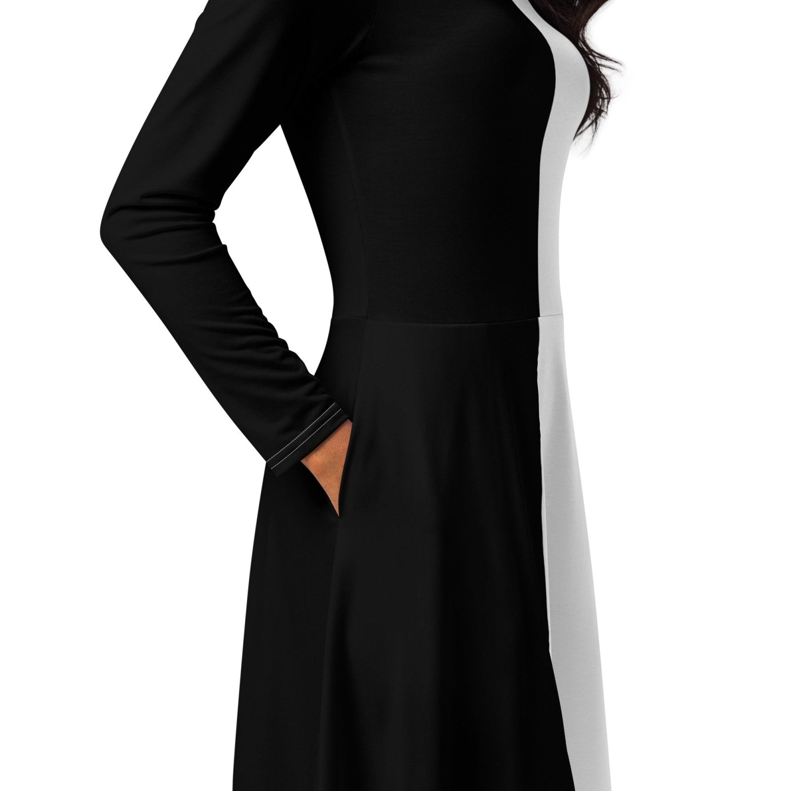 Half Black Half White - Womens Long Sleeve Midi Dress