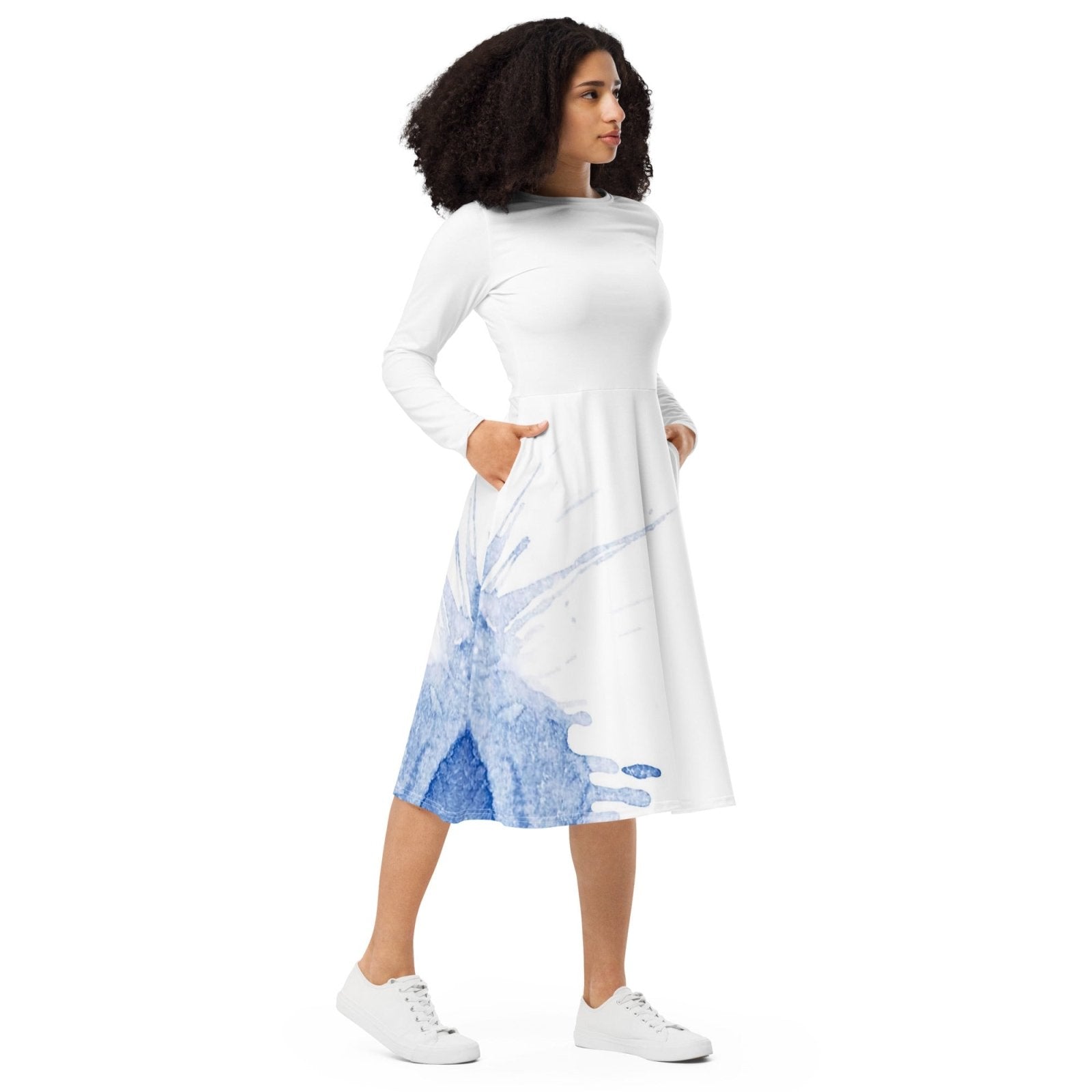 Watercolour Blue Splash - Womens Long Sleeve Midi Dress