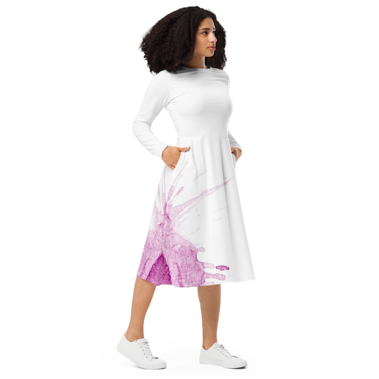 Watercolour Pink Splash - Womens Long Sleeve Midi Dress