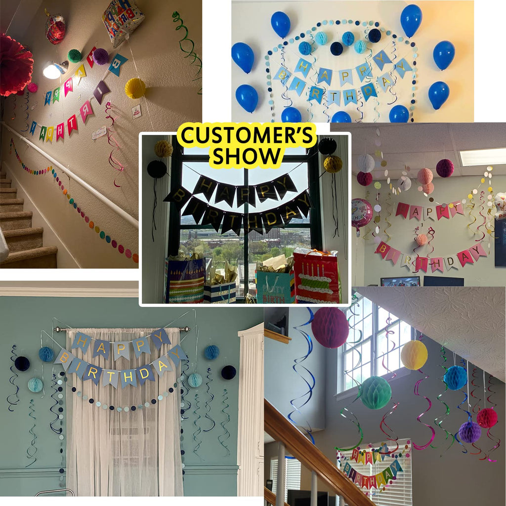 ALLFUN Happy Birthday Banner Set – Rainbow Decor with Honeycomb Balls & Metallic Swirls
