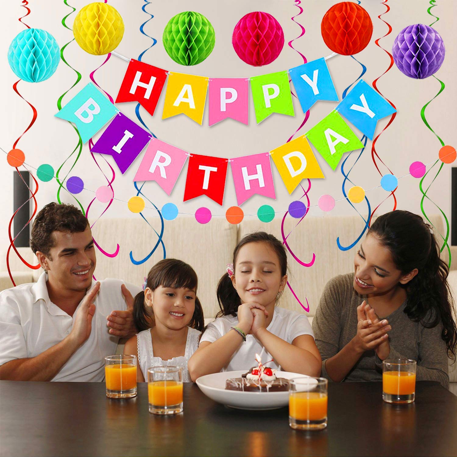 ALLFUN Happy Birthday Banner Set – Rainbow Decor with Honeycomb Balls & Metallic Swirls
