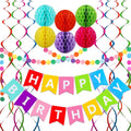 ALLFUN Happy Birthday Banner Set – Rainbow Decor with Honeycomb Balls & Metallic Swirls