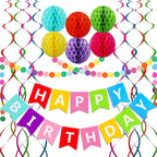 ALLFUN Happy Birthday Banner Set – Rainbow Decor with Honeycomb Balls & Metallic Swirls