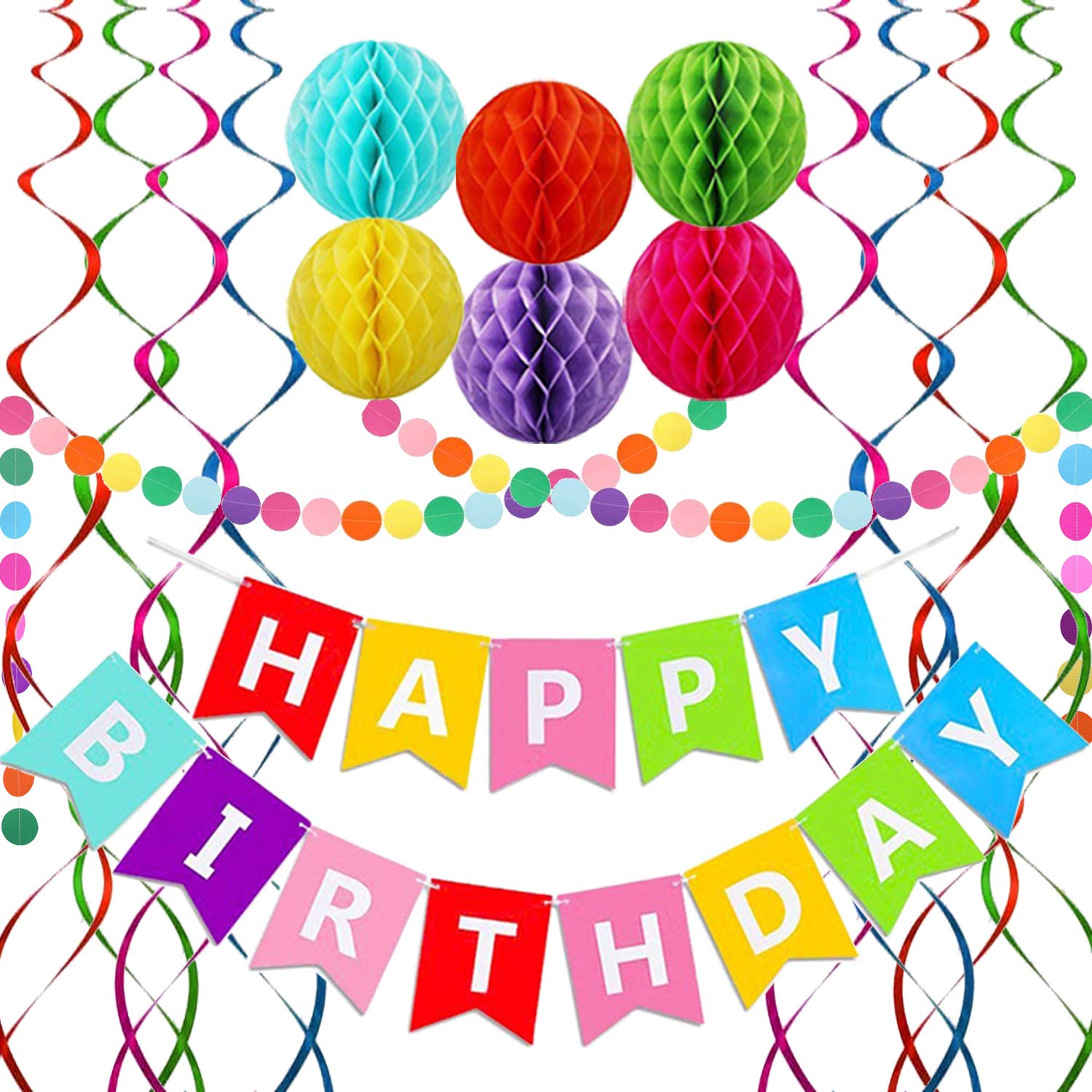 ALLFUN Happy Birthday Banner Set – Rainbow Decor with Honeycomb Balls & Metallic Swirls