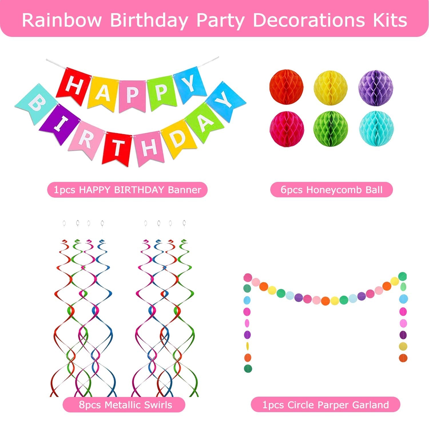 ALLFUN Happy Birthday Banner Set – Rainbow Decor with Honeycomb Balls & Metallic Swirls