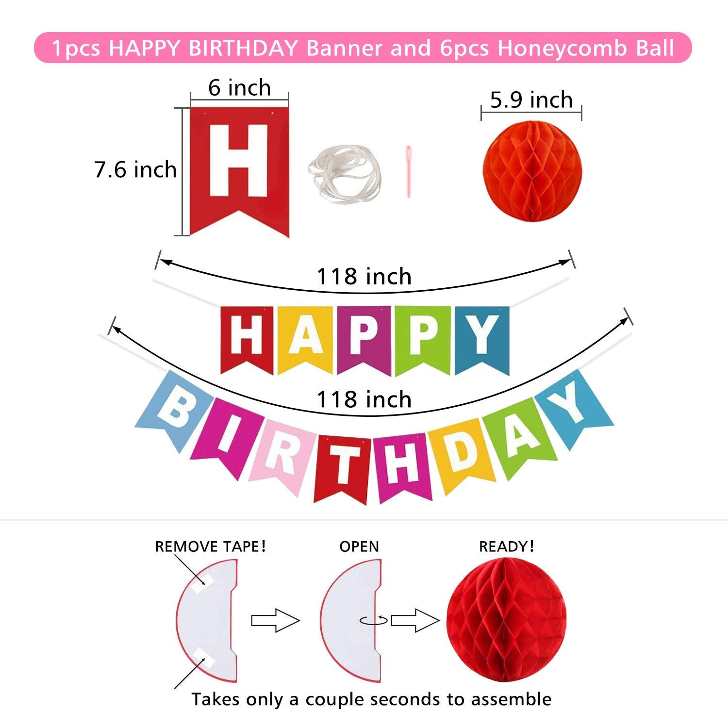 ALLFUN Happy Birthday Banner Set – Rainbow Decor with Honeycomb Balls & Metallic Swirls