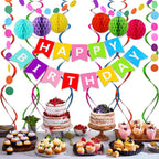 ALLFUN Happy Birthday Banner Set – Rainbow Decor with Honeycomb Balls & Metallic Swirls