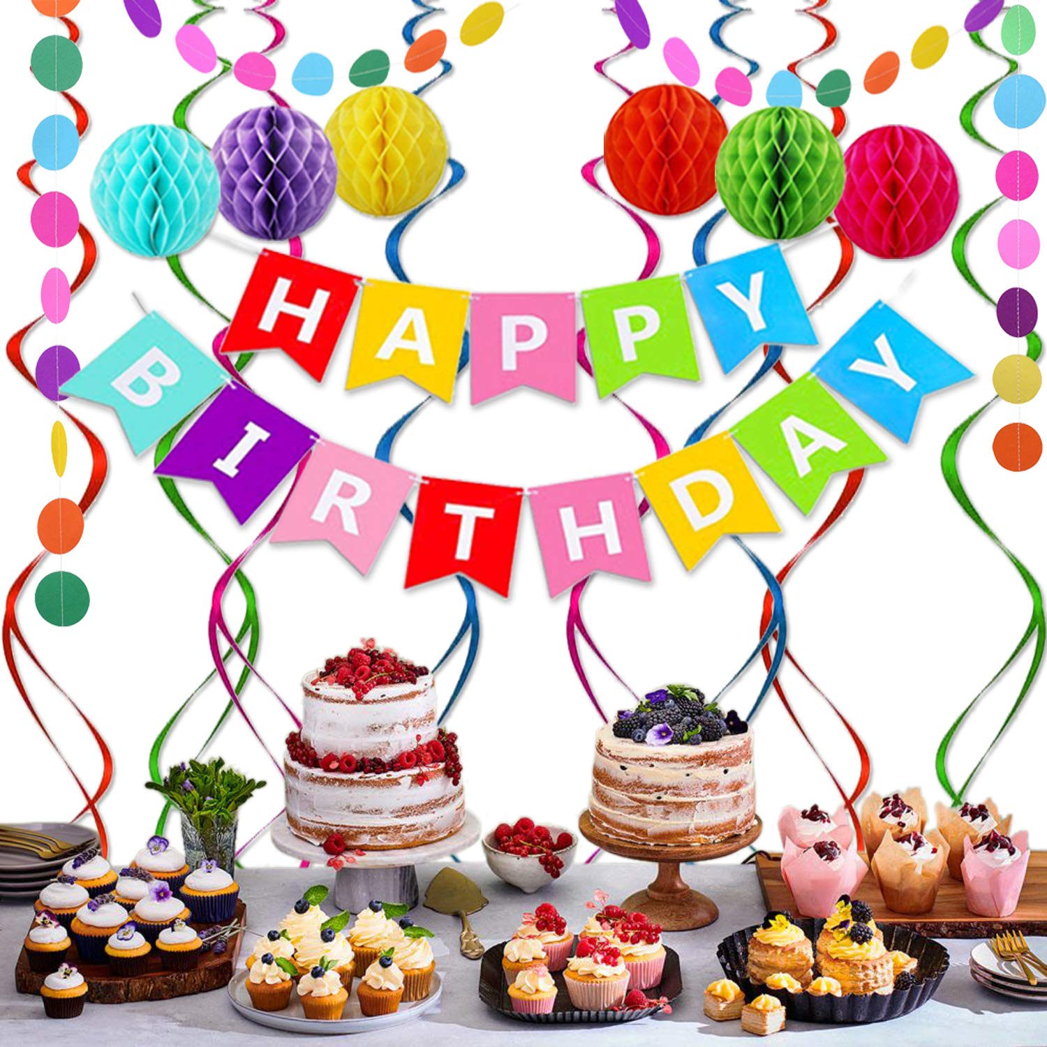 ALLFUN Happy Birthday Banner Set – Rainbow Decor with Honeycomb Balls & Metallic Swirls