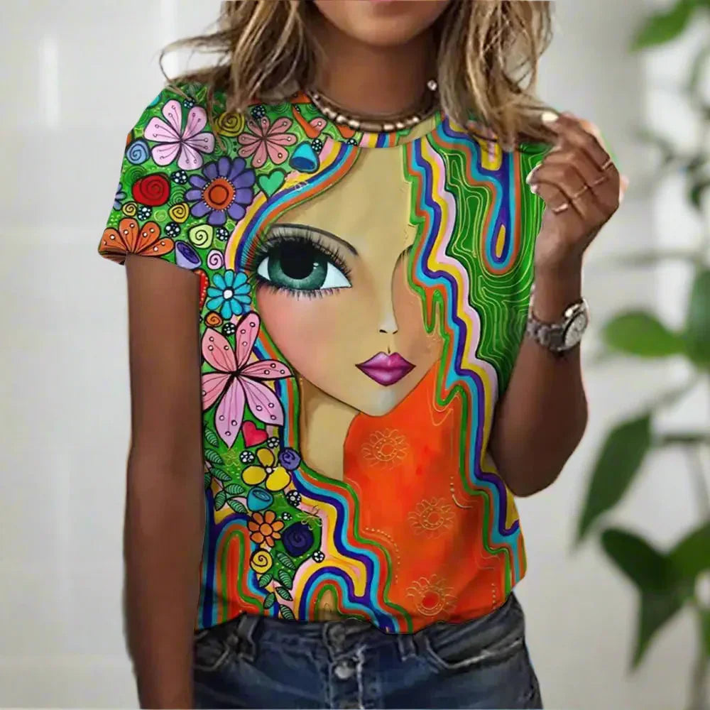 2.Women’s Abstract Art O-Neck T-Shirts – Cute Summer Style