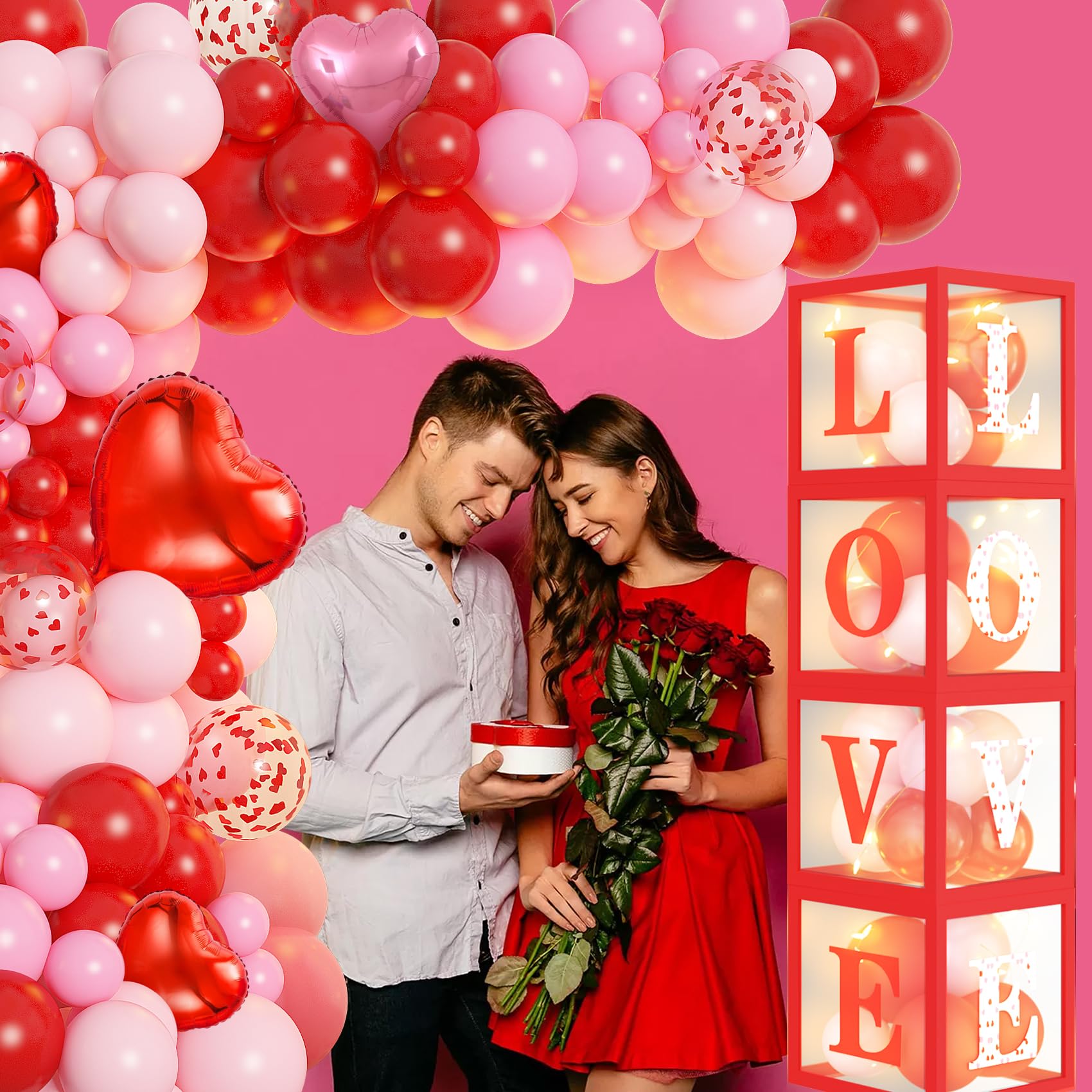 Amandir 148pc Valentines Day Decorations Kit – Red Balloons, Arch Garland, Lights, Love Boxes