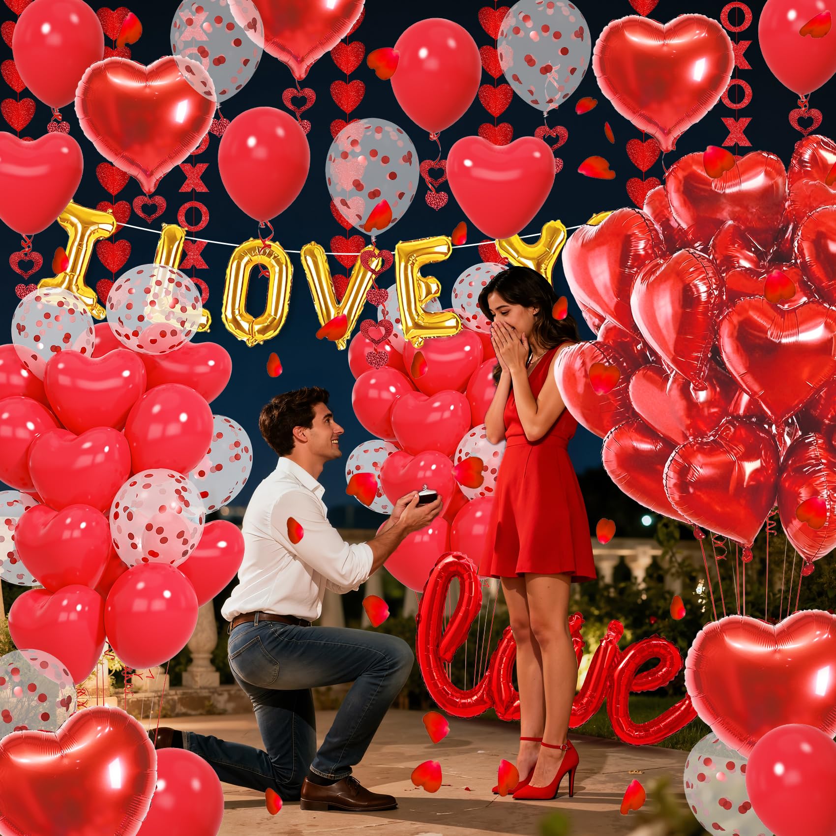 Amandir 114Pcs Red Valentines Day Decor Set – I Love You Banner, Heart Balloons, Rose Petals & Garlands