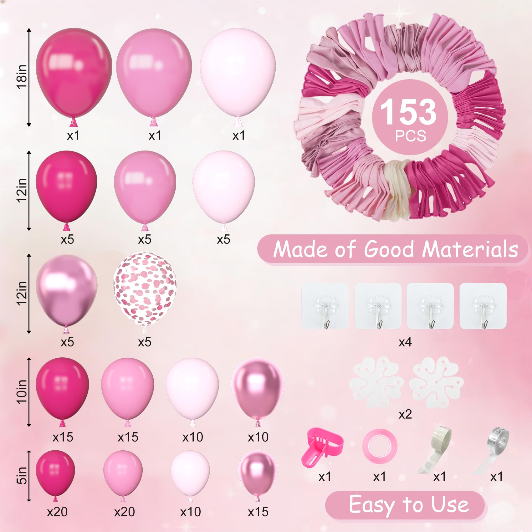 Amandir 153 Pcs Pink Balloon Arch Garland Kit – Premium Latex Confetti Balloons for Valentines Day, Baby Showers & Weddings