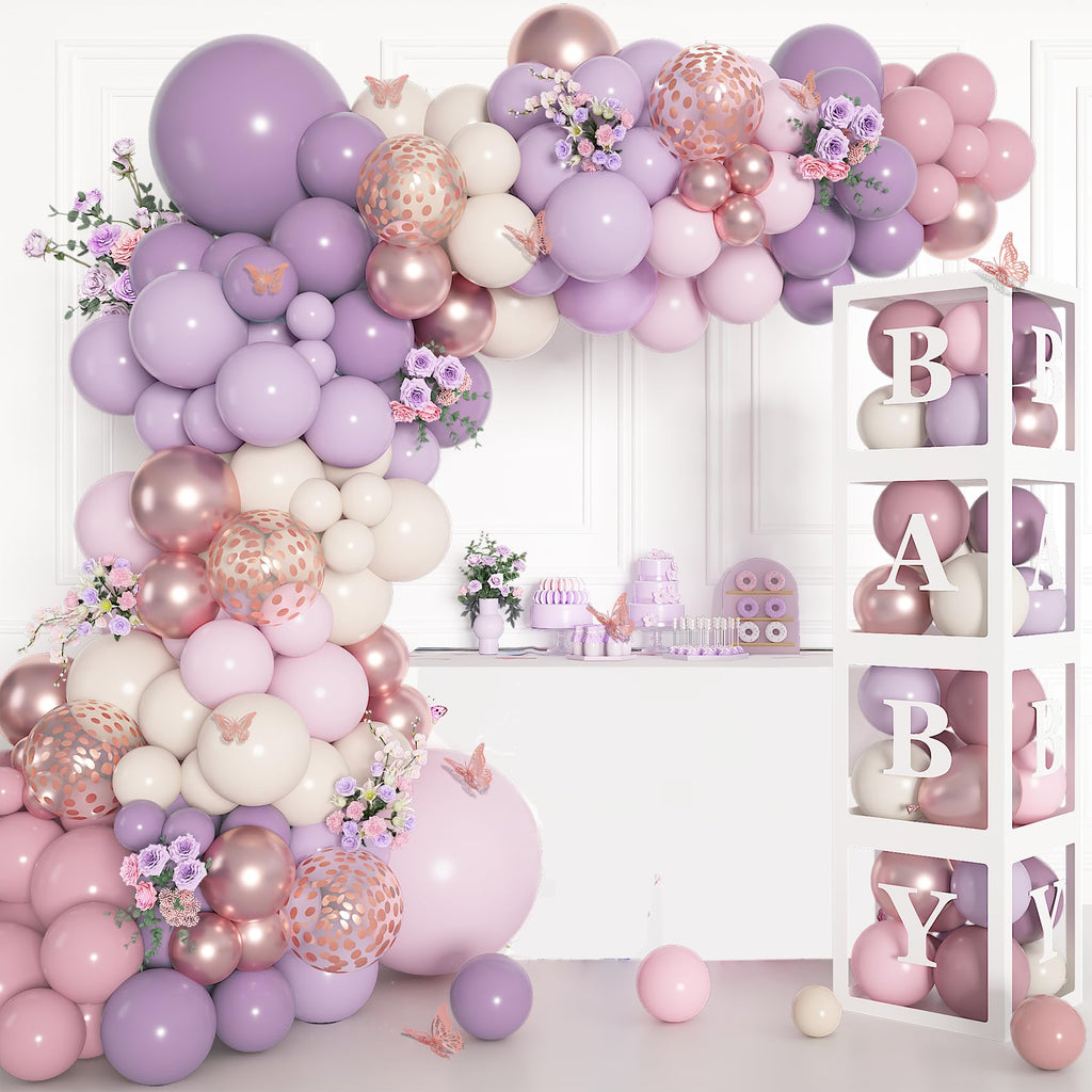 Amandir 153Pcs Purple Baby Shower Decorations Kit — Balloon Arch, Letter Boxes, Butterfly Balloons