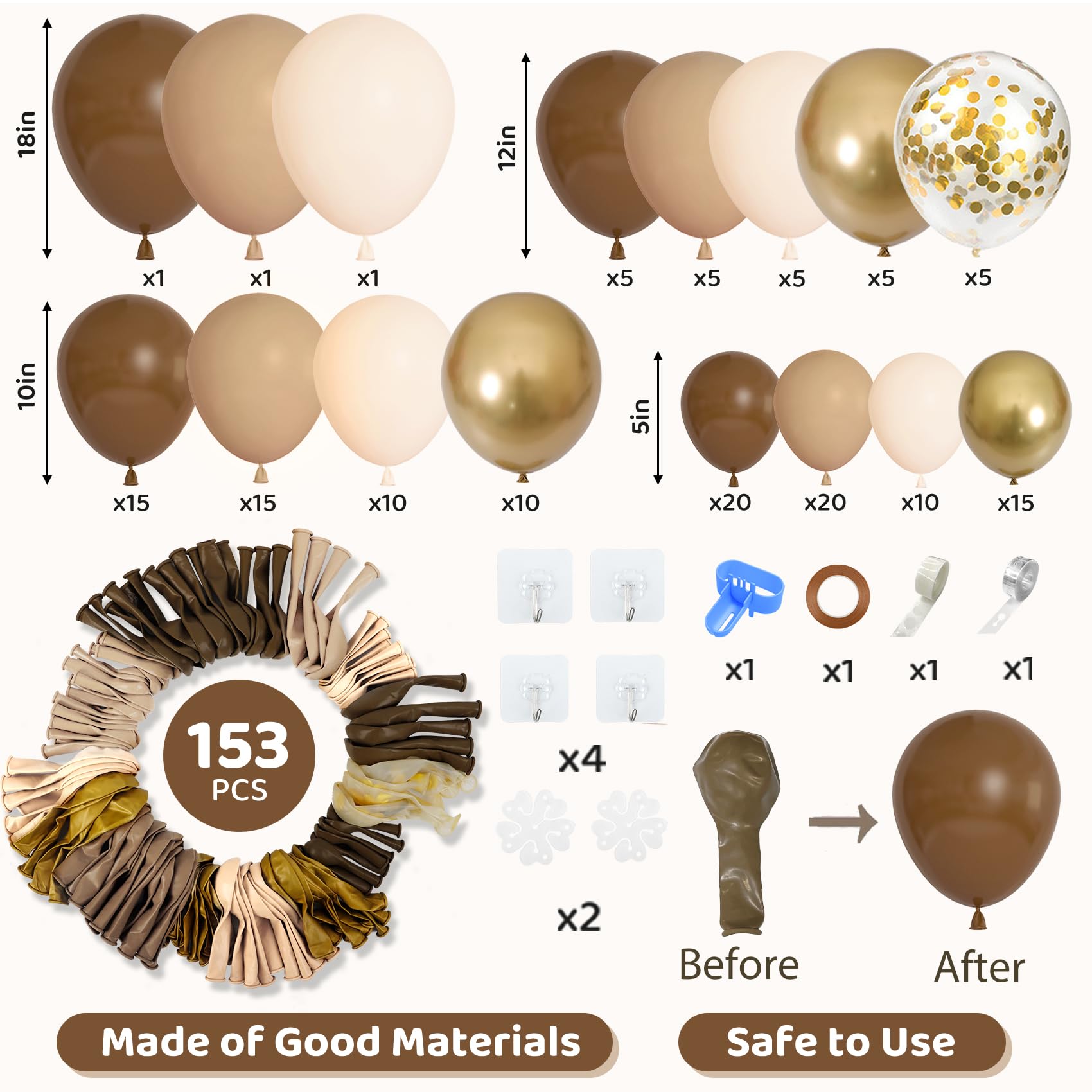 Amandir 153pcs Brown Balloon Garland Arch Kit — Neutral Nude, Brown & Gold Balloons for Baby Shower, Safari & Birthday Parties