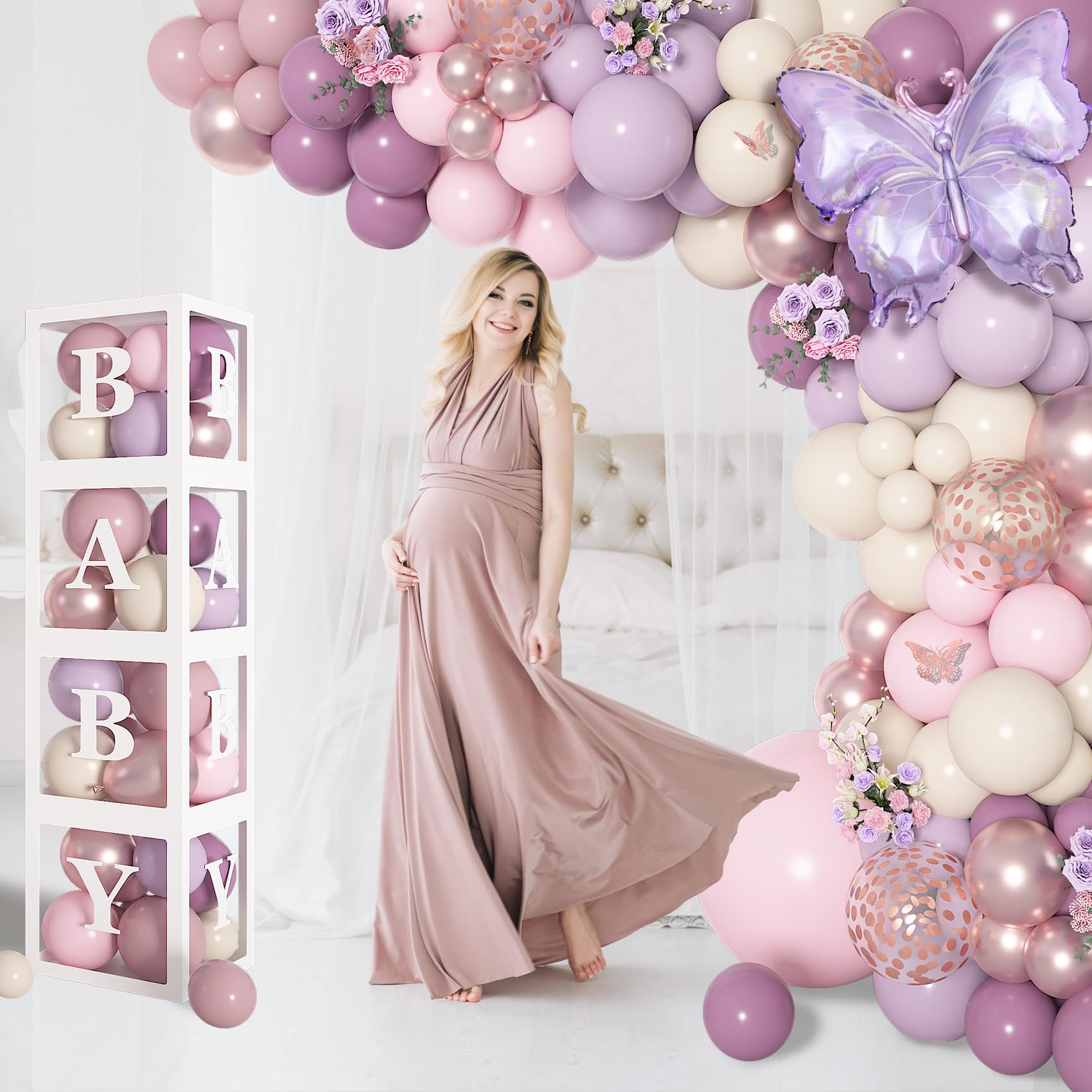 Amandir 153Pcs Purple Baby Shower Decorations Kit — Balloon Arch, Letter Boxes, Butterfly Balloons