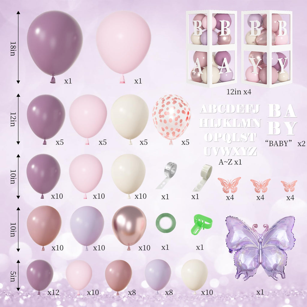 Amandir 153Pcs Purple Baby Shower Decorations Kit — Balloon Arch, Letter Boxes, Butterfly Balloons