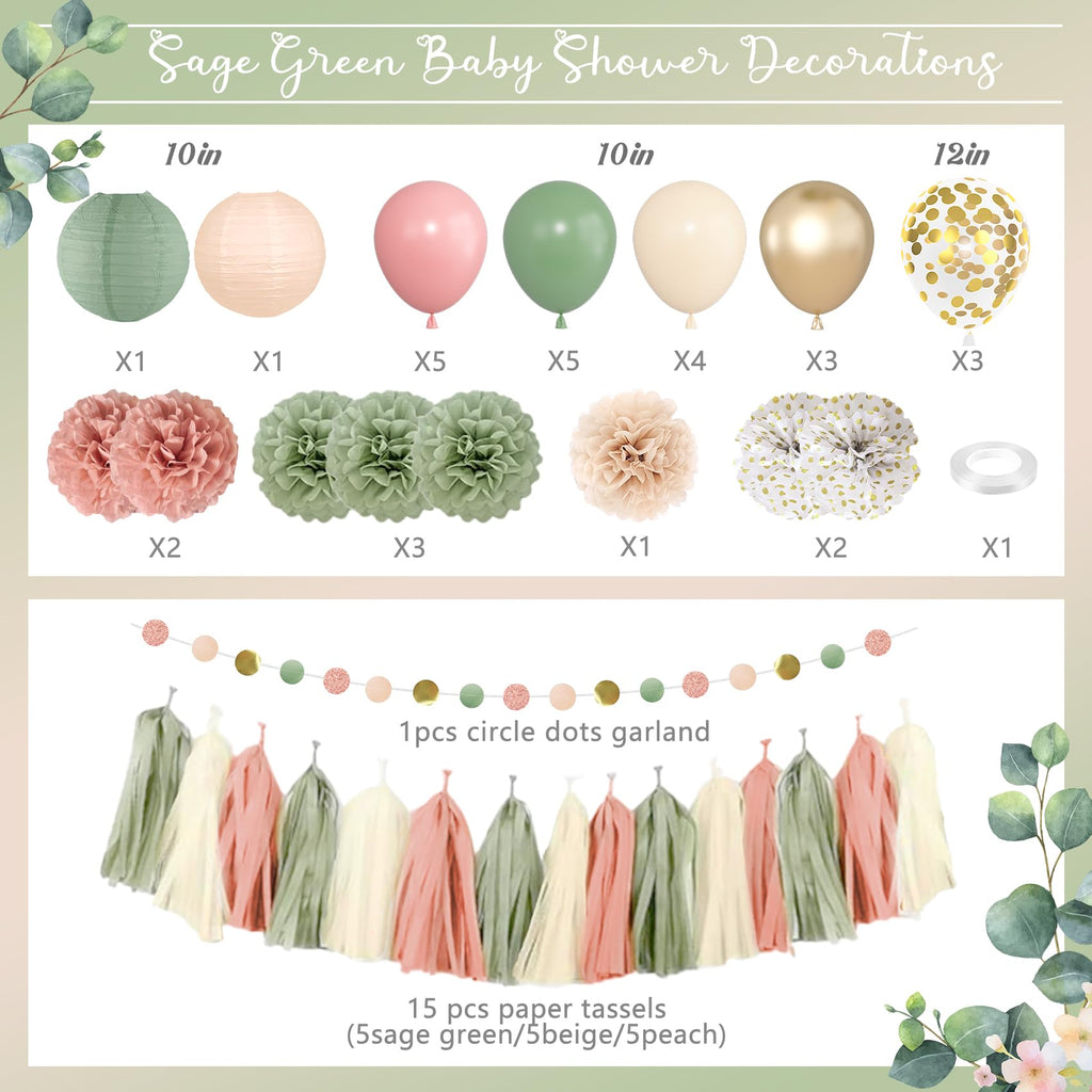 Amandir Girl Baby Shower Decorations – Pink Sage Green Balloons, Banner, Cake Topper & More