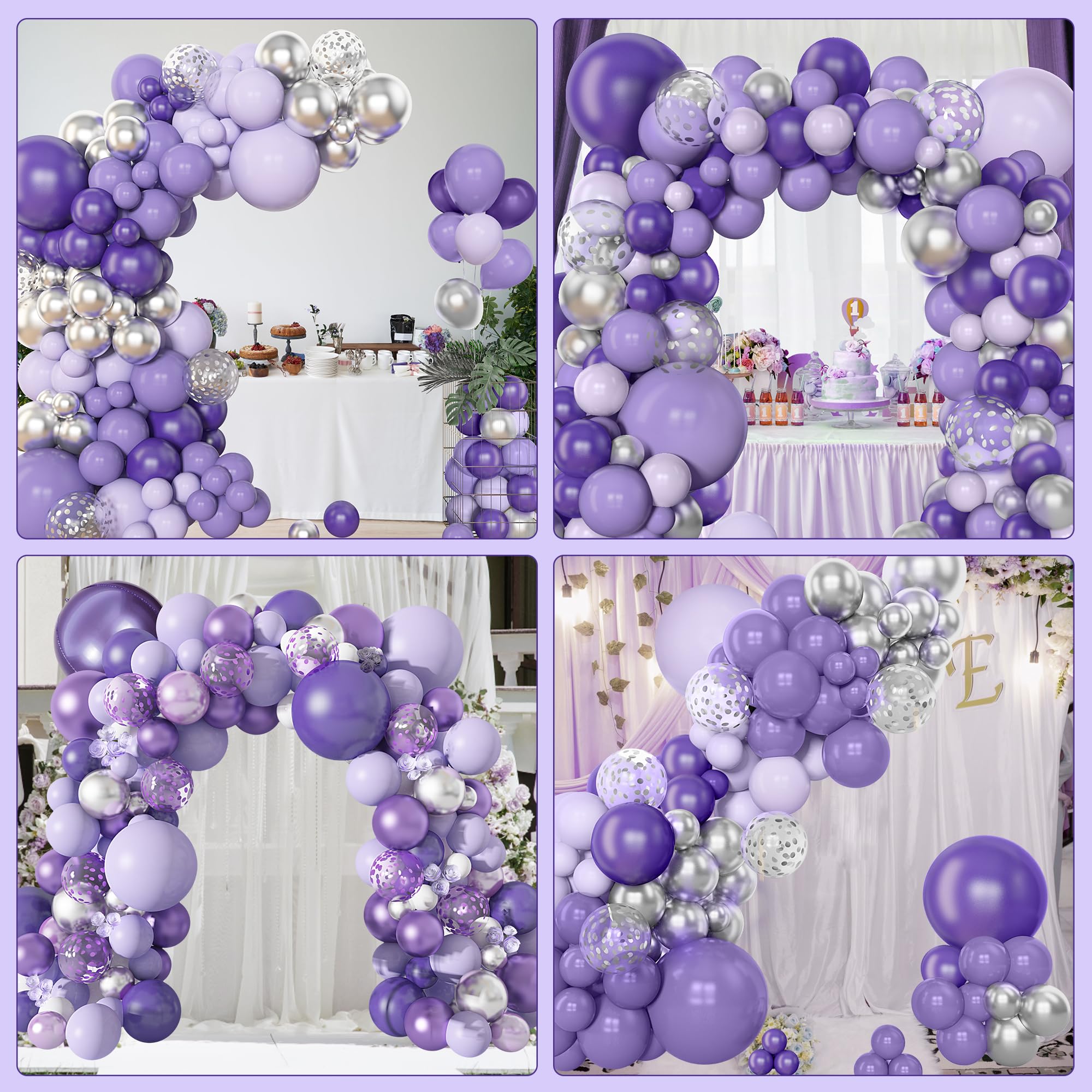 Amandir 153pcs Purple Balloon Garland Arch Kit – Lavender, Metallic Silver & Confetti Balloons for Parties