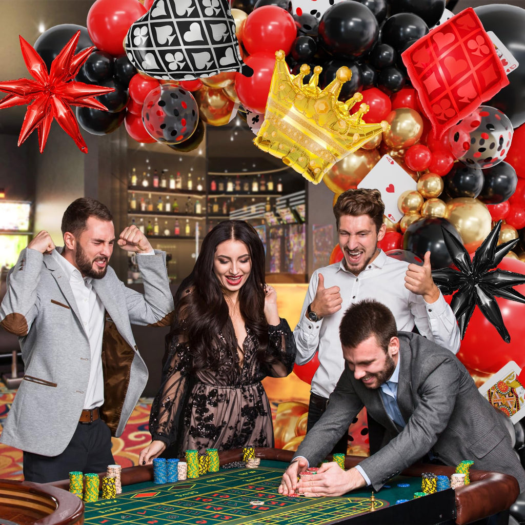 AMANDIR 144PCS Casino Theme Party Decor Kit – Dice Favor Boxes & Red/Black/Gold Balloons