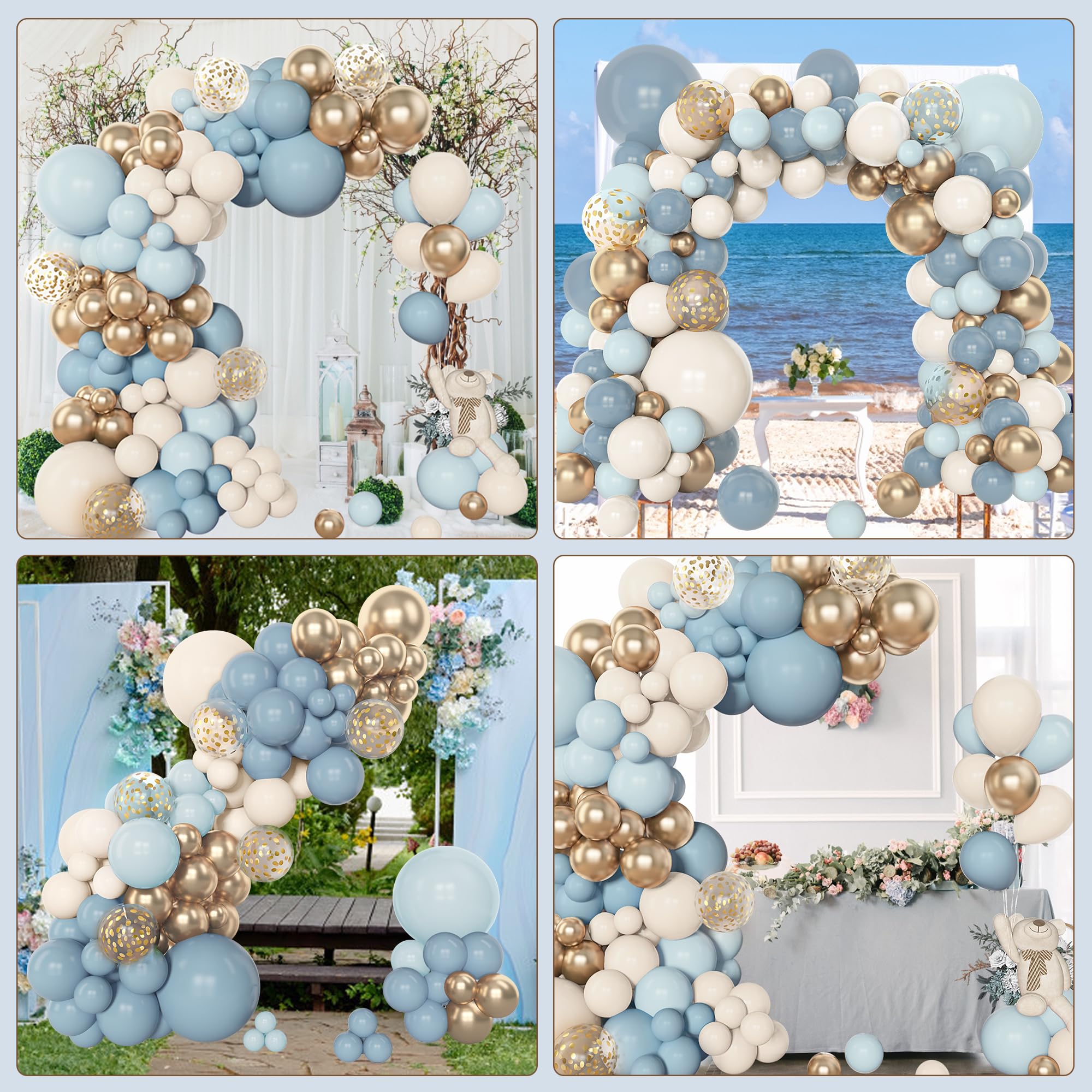 Amandir 153pcs Dusty Blue Balloon Arch Kit – Dusty Blue, White & Gold Balloons for Baby Shower & Birthday