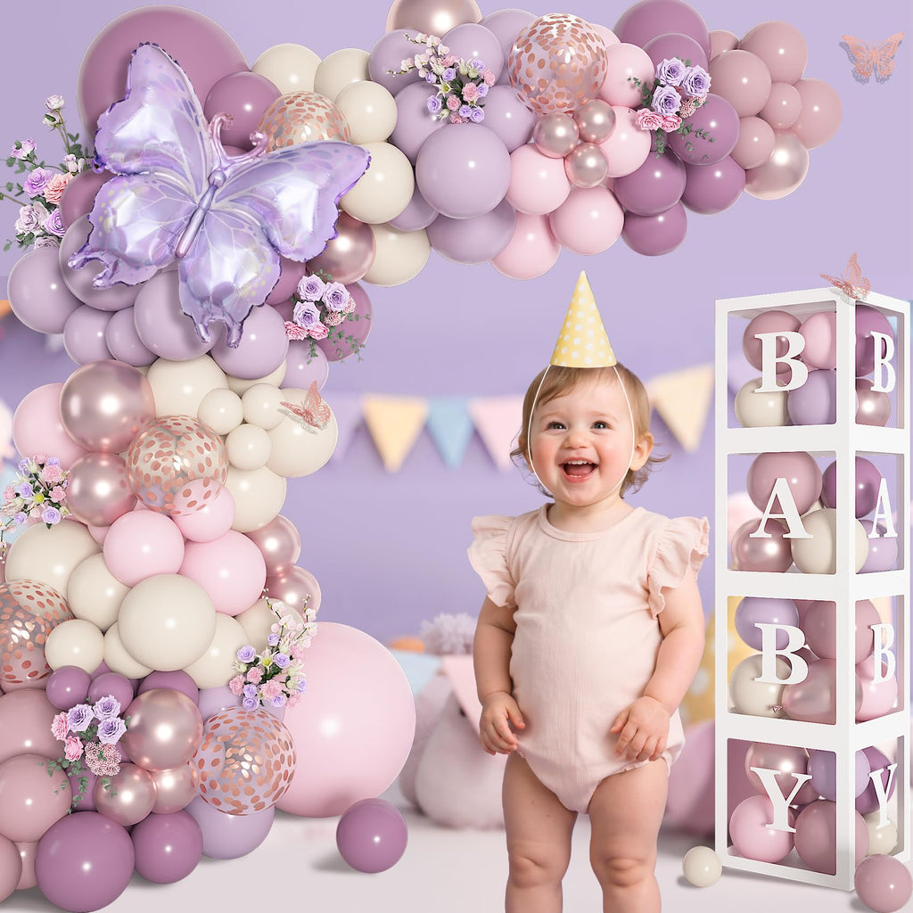 Amandir 153Pcs Purple Baby Shower Decorations Kit — Balloon Arch, Letter Boxes, Butterfly Balloons