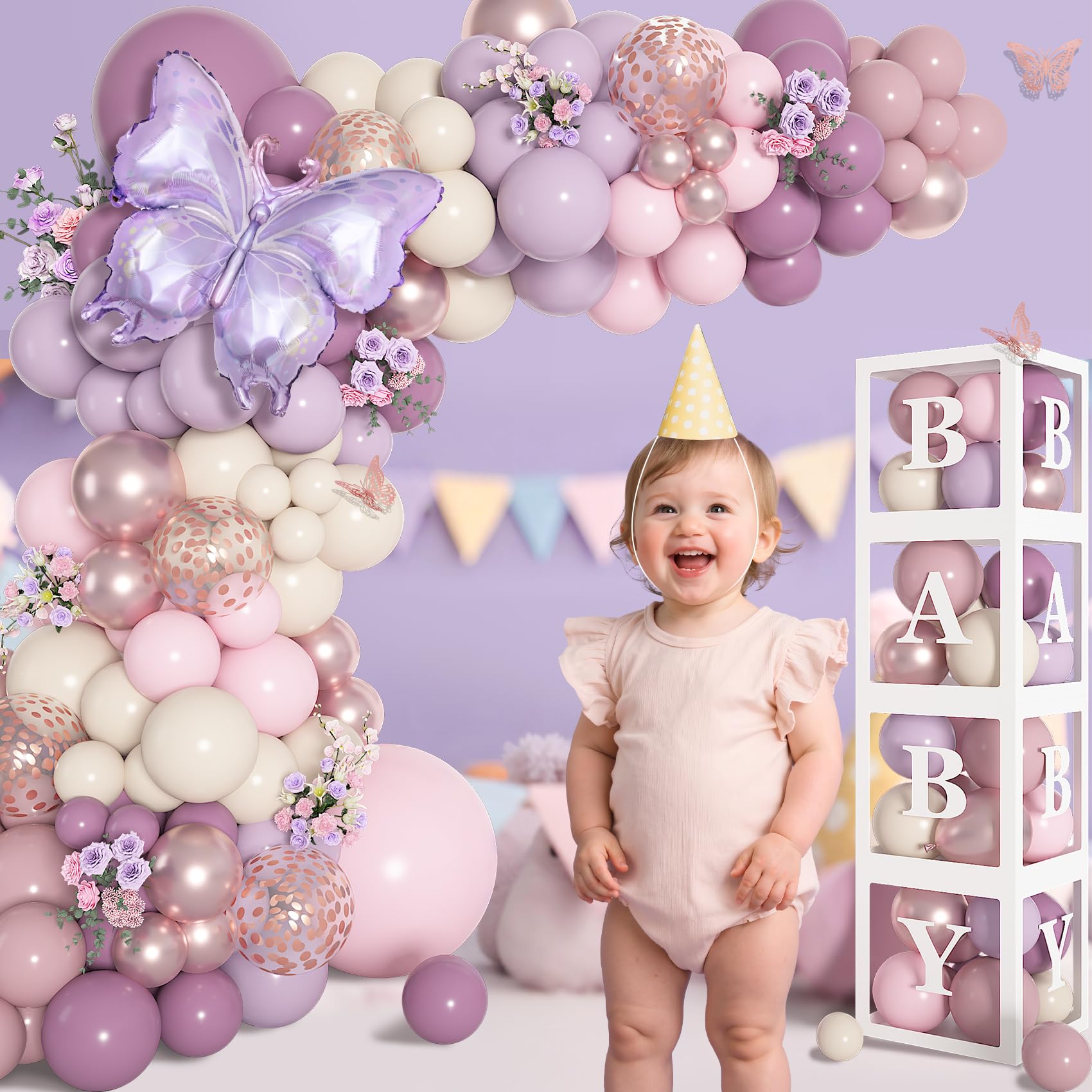 Amandir 153Pcs Purple Baby Shower Decorations Kit — Balloon Arch, Letter Boxes, Butterfly Balloons