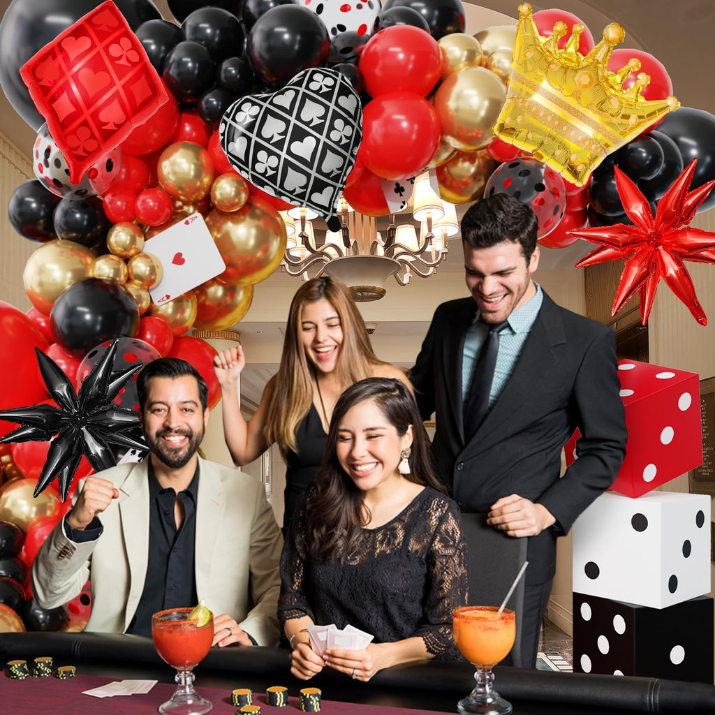 AMANDIR 144PCS Casino Theme Party Decor Kit – Dice Favor Boxes & Red/Black/Gold Balloons