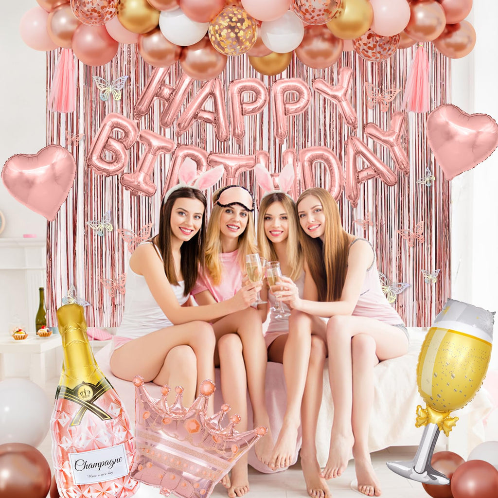 Amandir Rose Gold Birthday Decor – Balloons, Fringe Curtain, Banner & Cake Topper