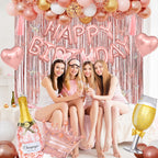 Amandir Rose Gold Birthday Decor – Balloons, Fringe Curtain, Banner & Cake Topper