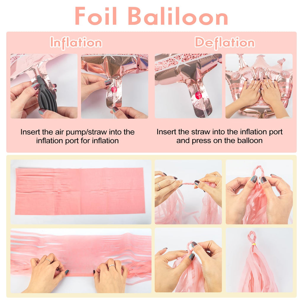 Amandir Rose Gold Birthday Decor – Balloons, Fringe Curtain, Banner & Cake Topper