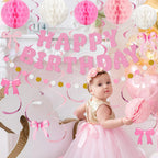 Amandir Pink Birthday Decorations Set – Glitter Banner, Honeycomb Balls, Bow Cutouts, Swirls & Garland for Girls & Women
