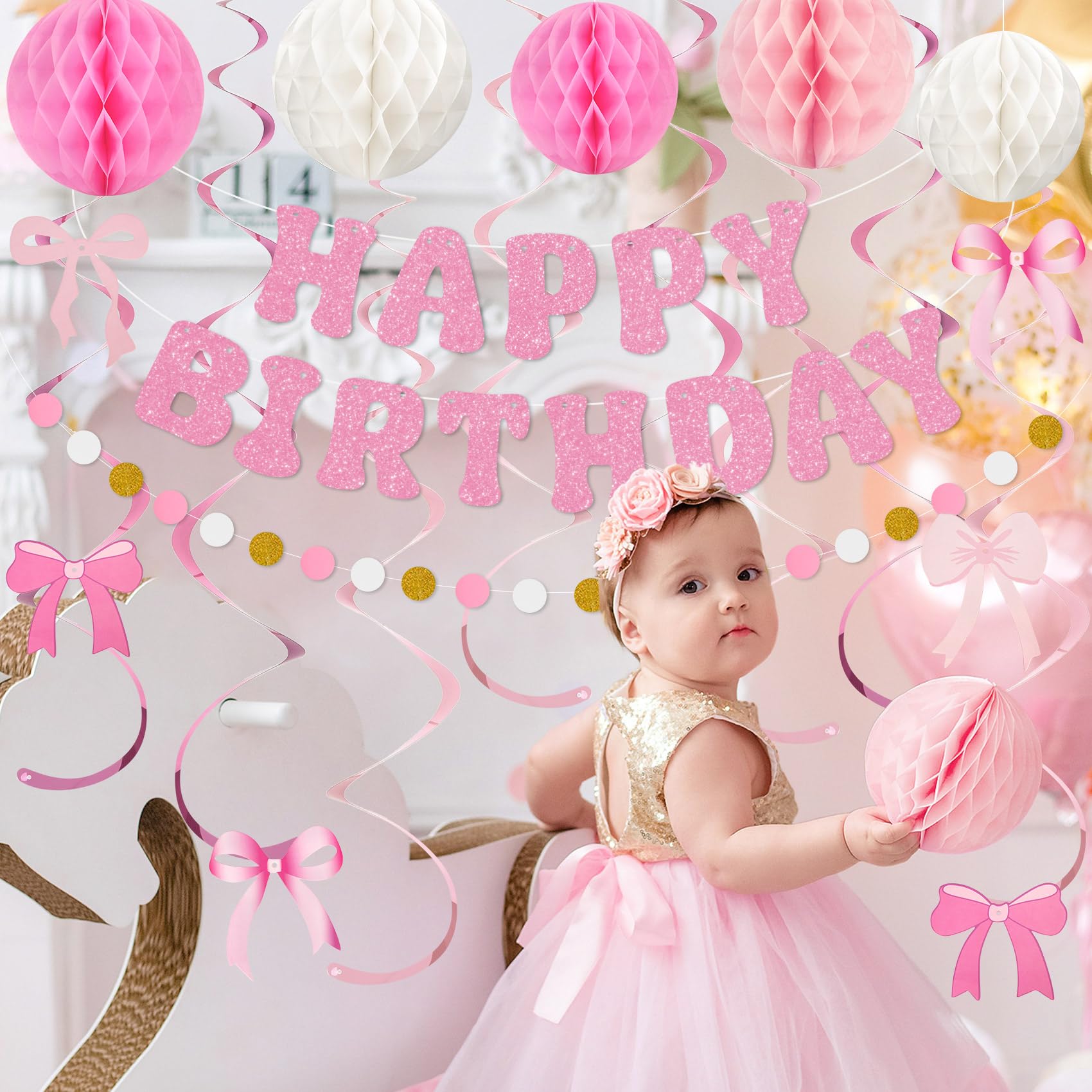 Amandir Pink Birthday Decorations Set – Glitter Banner, Honeycomb Balls, Bow Cutouts, Swirls & Garland for Girls & Women