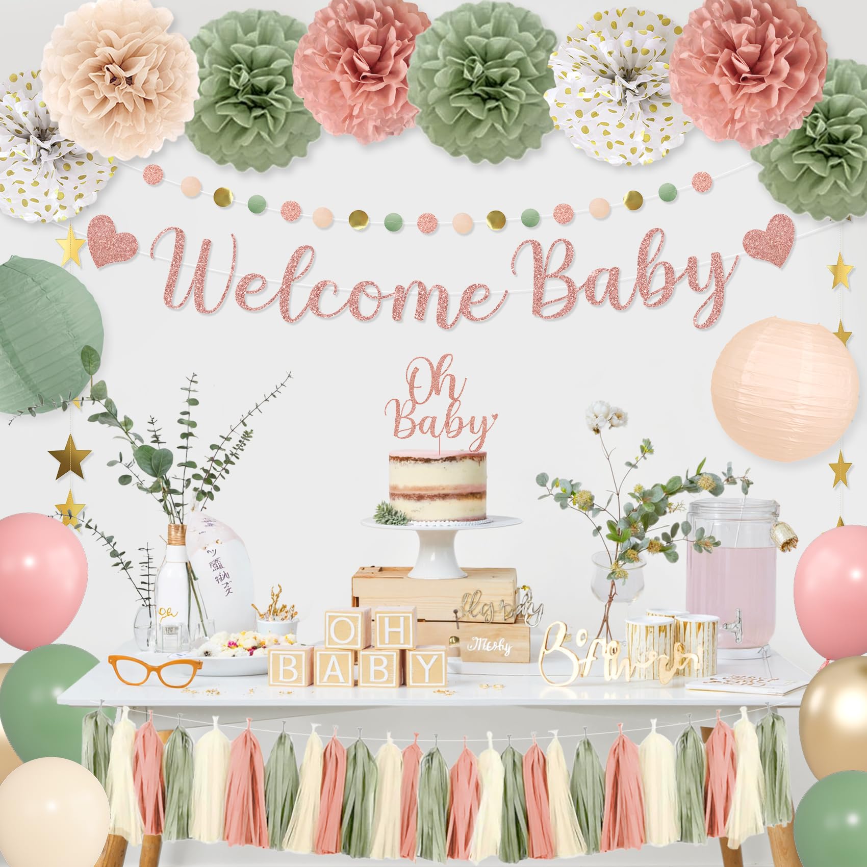 Amandir Girl Baby Shower Decorations – Pink Sage Green Balloons, Banner, Cake Topper & More