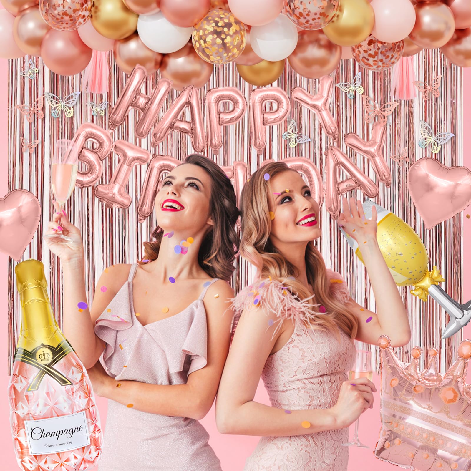 Amandir Rose Gold Birthday Decor – Balloons, Fringe Curtain, Banner & Cake Topper