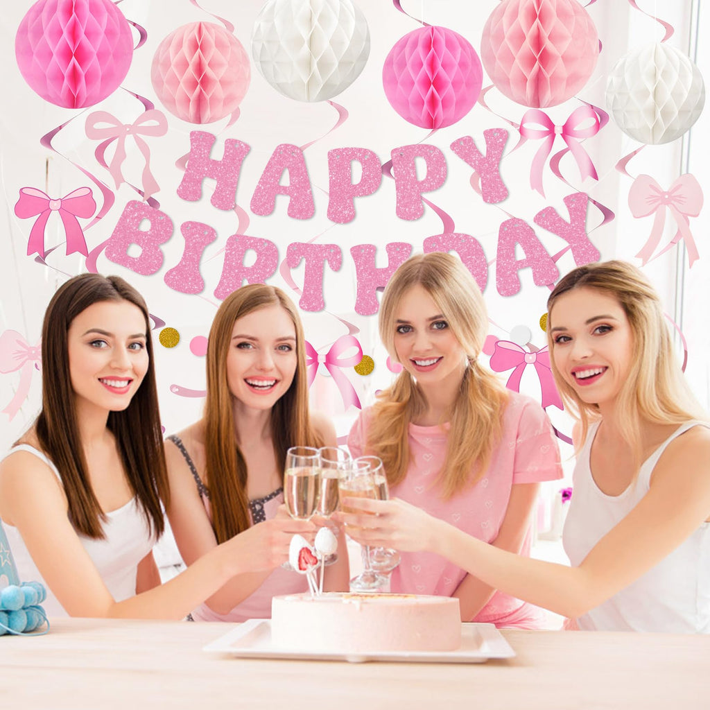 Amandir Pink Birthday Decorations Set – Glitter Banner, Honeycomb Balls, Bow Cutouts, Swirls & Garland for Girls & Women