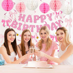 Amandir Pink Birthday Decorations Set – Glitter Banner, Honeycomb Balls, Bow Cutouts, Swirls & Garland for Girls & Women
