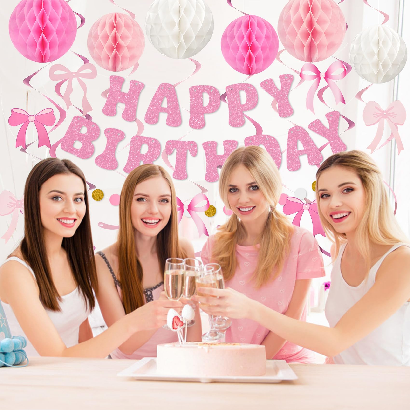 Amandir Pink Birthday Decorations Set – Glitter Banner, Honeycomb Balls, Bow Cutouts, Swirls & Garland for Girls & Women