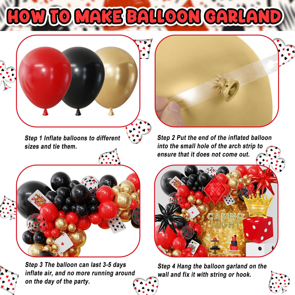 AMANDIR 144PCS Casino Theme Party Decor Kit – Dice Favor Boxes & Red/Black/Gold Balloons