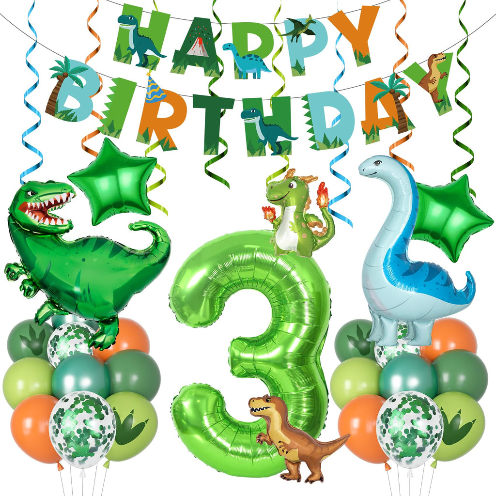 Amandir Dinosaur 3rd Birthday Decorations Kit – 47 Pcs Party Supplies with Balloons, Banner & Swirls