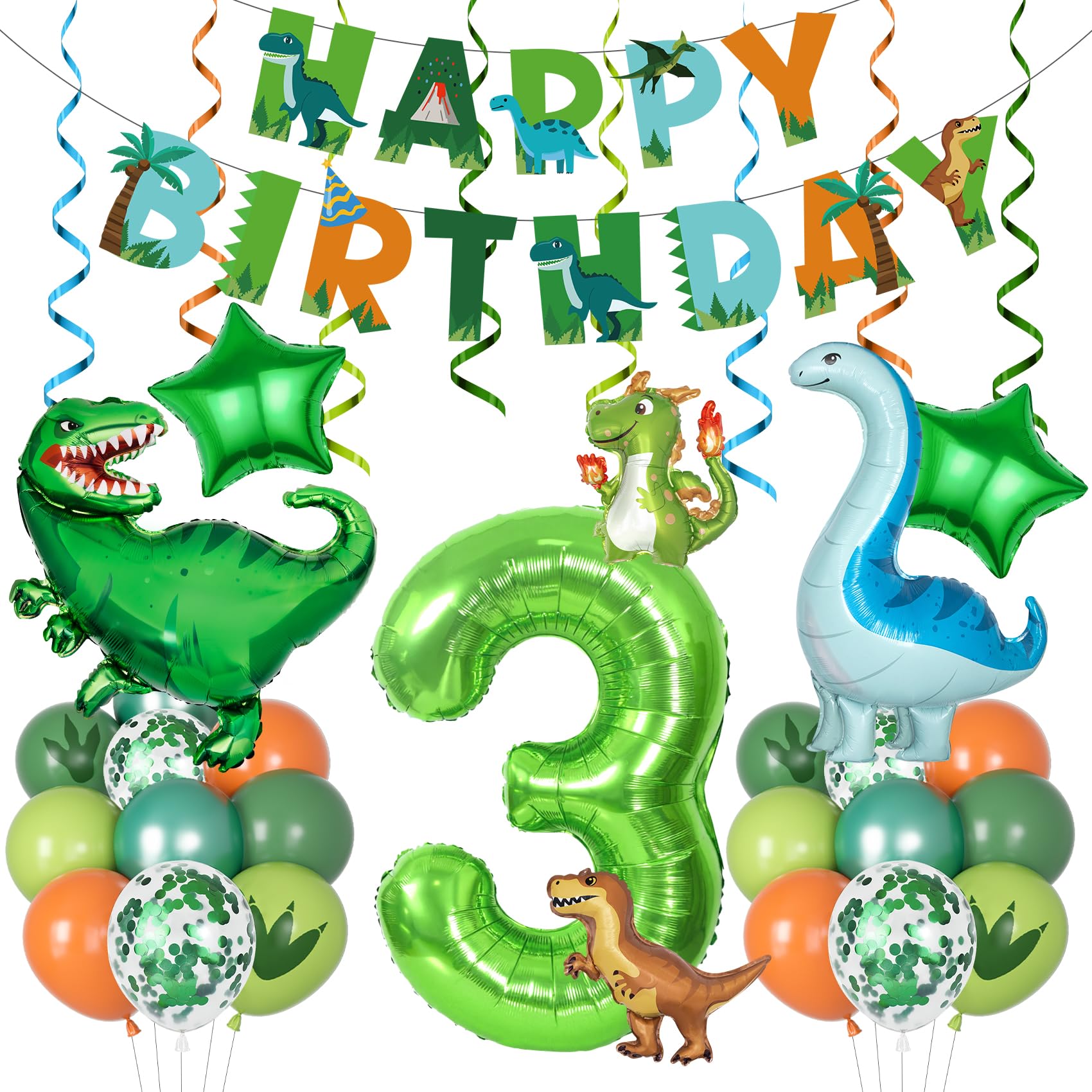 Amandir Dinosaur 3rd Birthday Decorations Kit – 47 Pcs Party Supplies with Balloons, Banner & Swirls