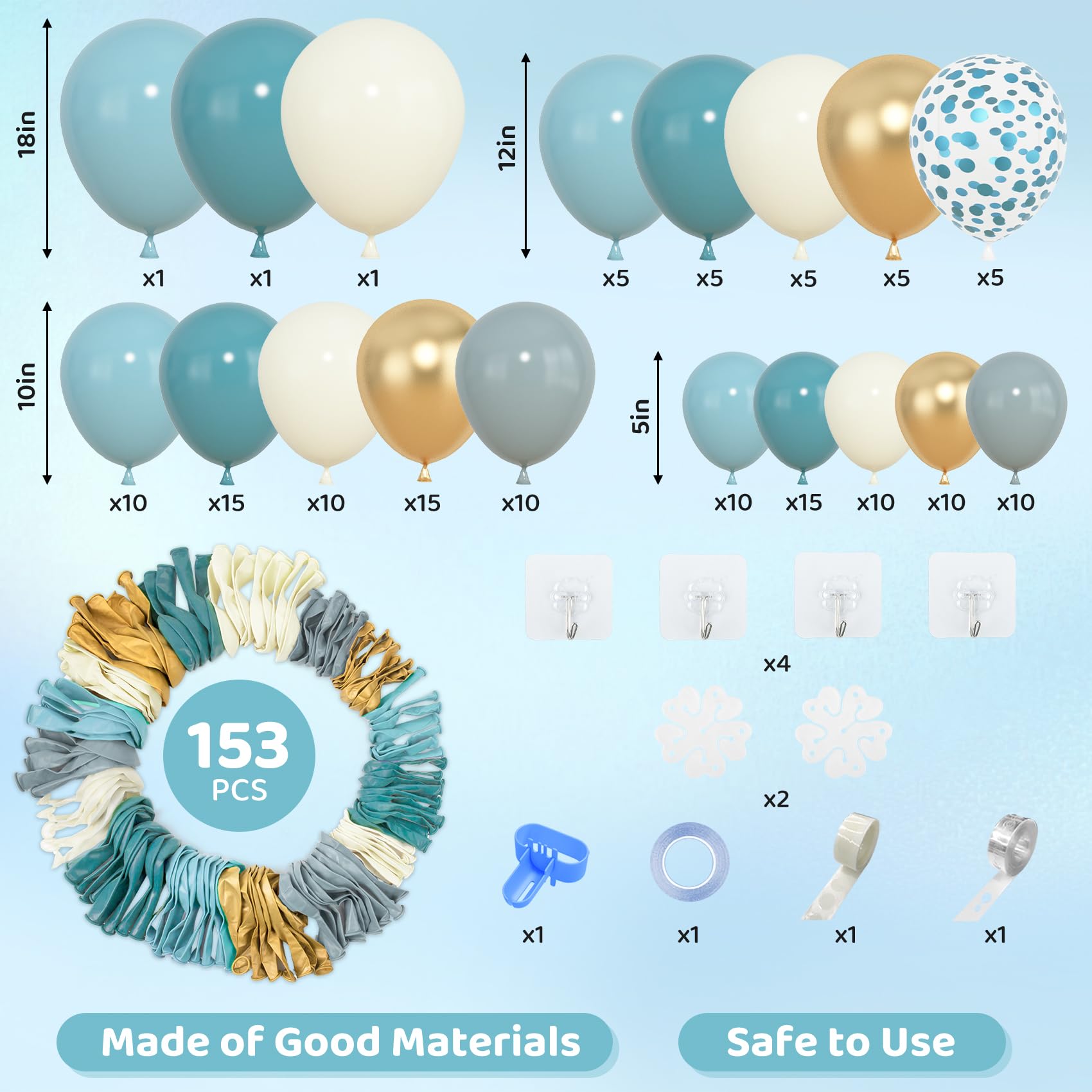 Amandir 153pcs Dusty Blue Balloon Garland Arch Kit – 18/12/10/5in Balloons for Baby Showers & Ocean Theme Parties
