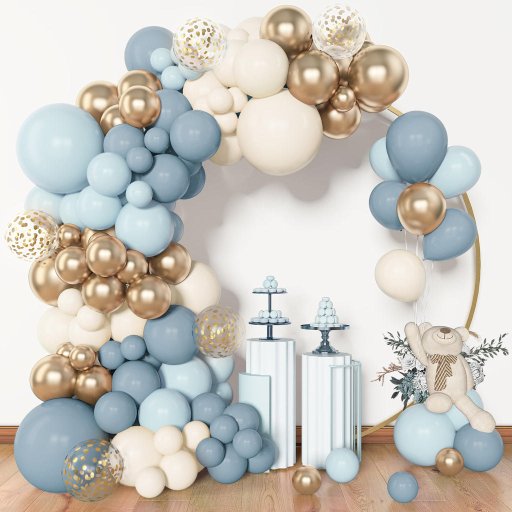 Amandir 153pcs Dusty Blue Balloon Arch Kit – Dusty Blue, White & Gold Balloons for Baby Shower & Birthday