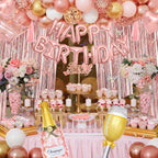 Amandir Rose Gold Birthday Decor – Balloons, Fringe Curtain, Banner & Cake Topper
