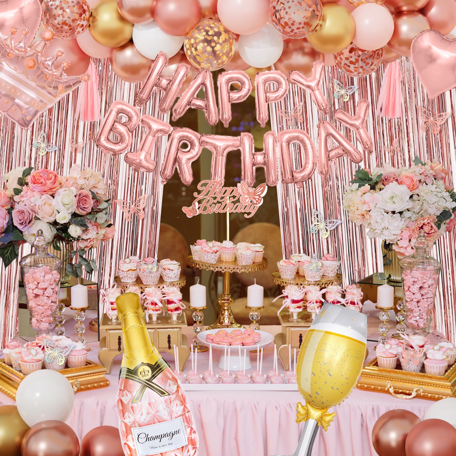 Amandir Rose Gold Birthday Decor – Balloons, Fringe Curtain, Banner & Cake Topper