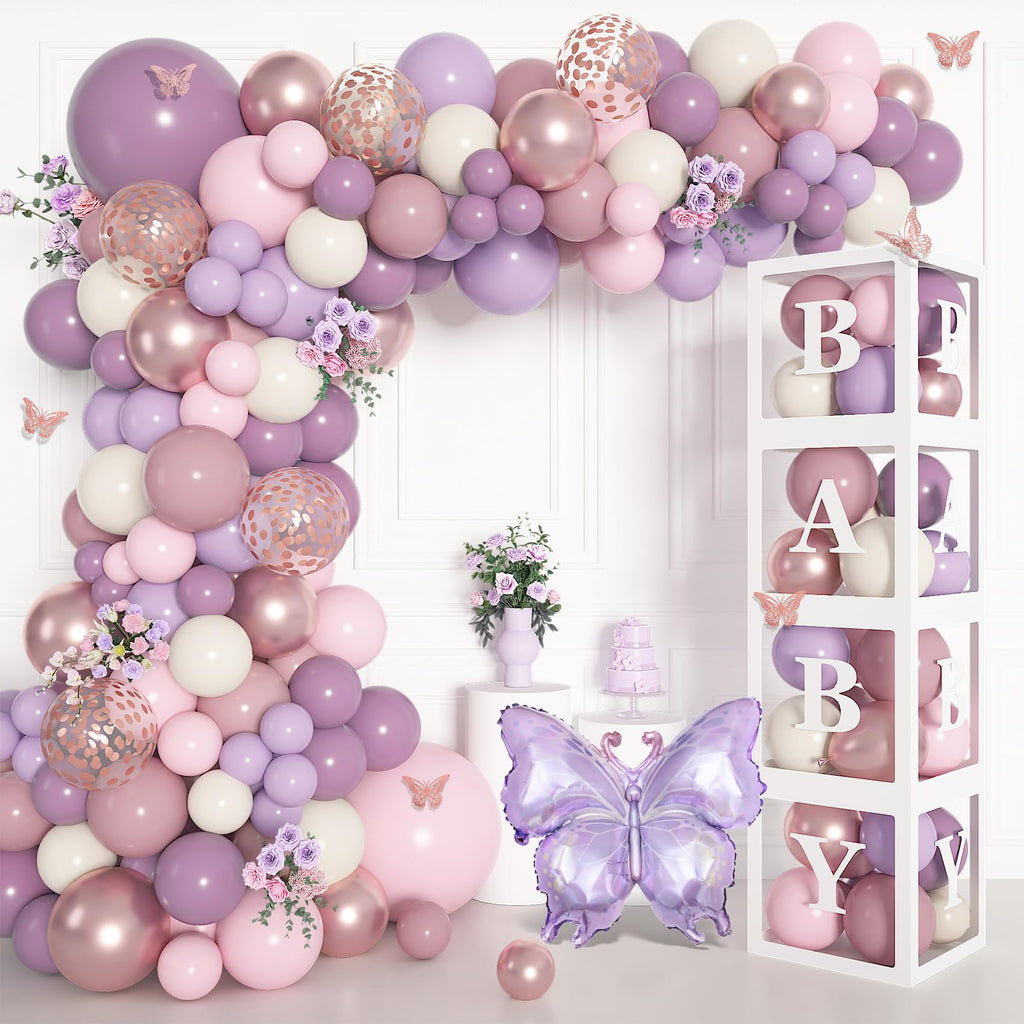 Amandir 153Pcs Purple Baby Shower Decorations Kit — Balloon Arch, Letter Boxes, Butterfly Balloons