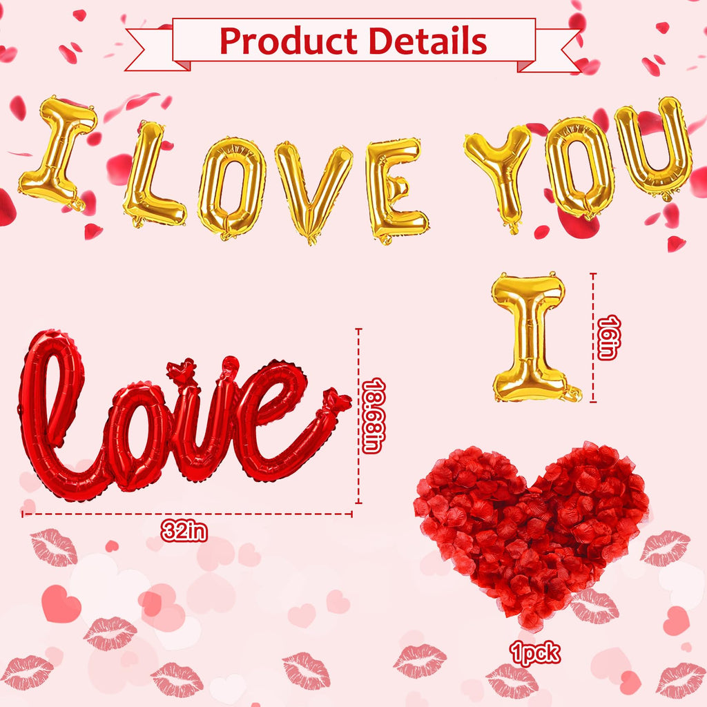 Amandir 114Pcs Red Valentines Day Decor Set – I Love You Banner, Heart Balloons, Rose Petals & Garlands