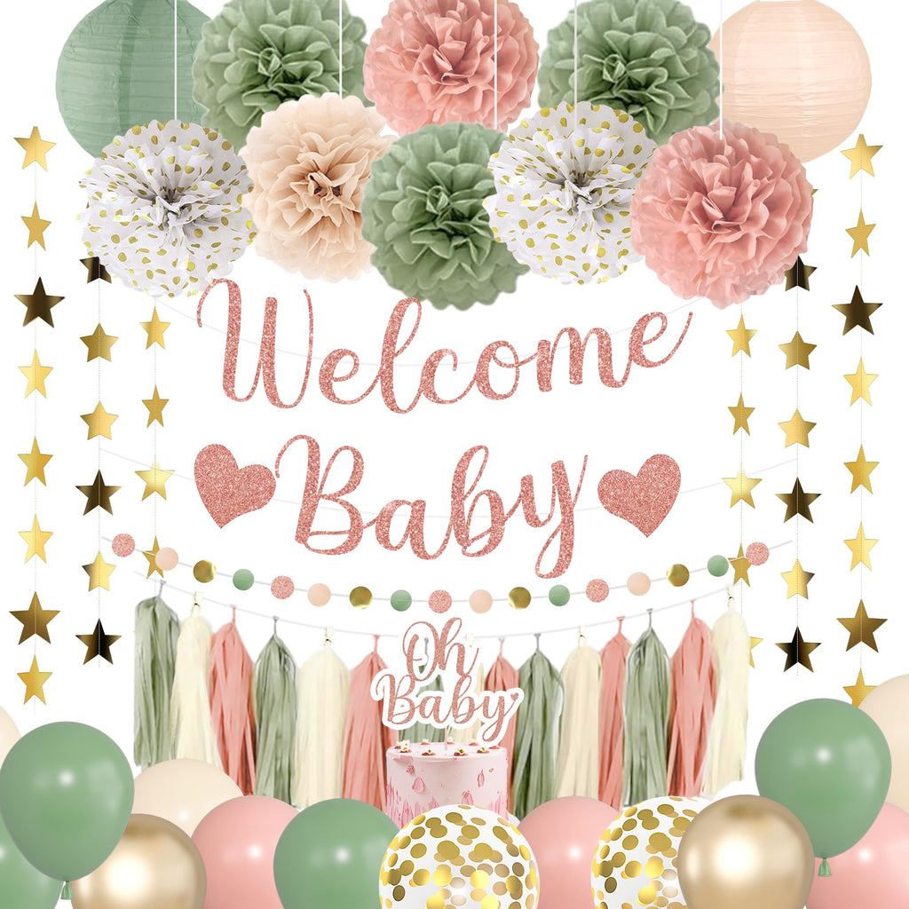 Amandir Girl Baby Shower Decorations – Pink Sage Green Balloons, Banner, Cake Topper & More