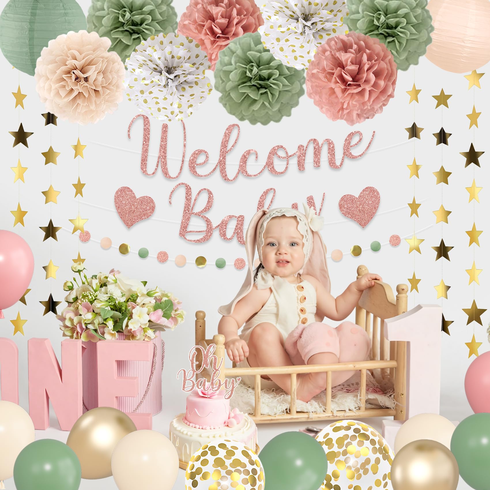 Amandir Girl Baby Shower Decorations – Pink Sage Green Balloons, Banner, Cake Topper & More