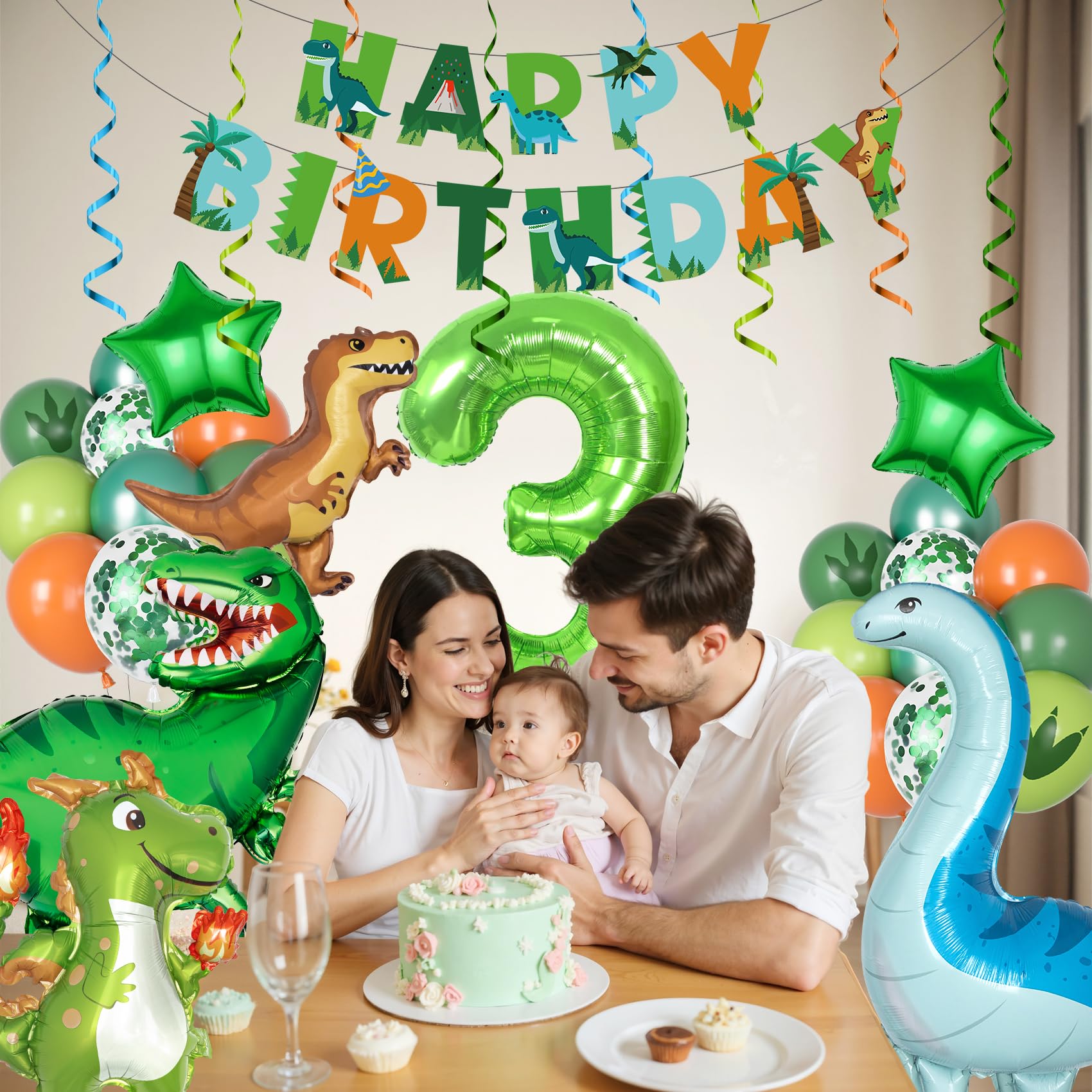 Amandir Dinosaur 3rd Birthday Decorations Kit – 47 Pcs Party Supplies with Balloons, Banner & Swirls